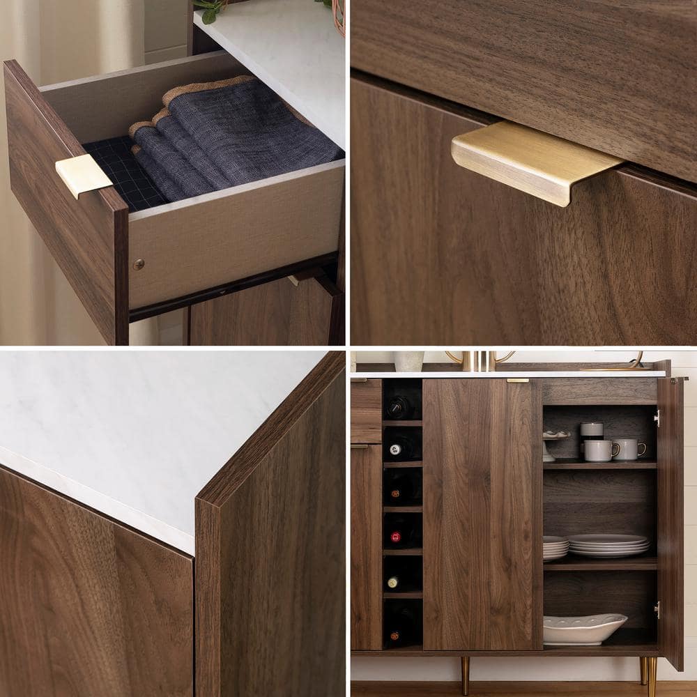 Scandi-Chic Glam Walnut Buffet with Wine Storage and Marble Accents