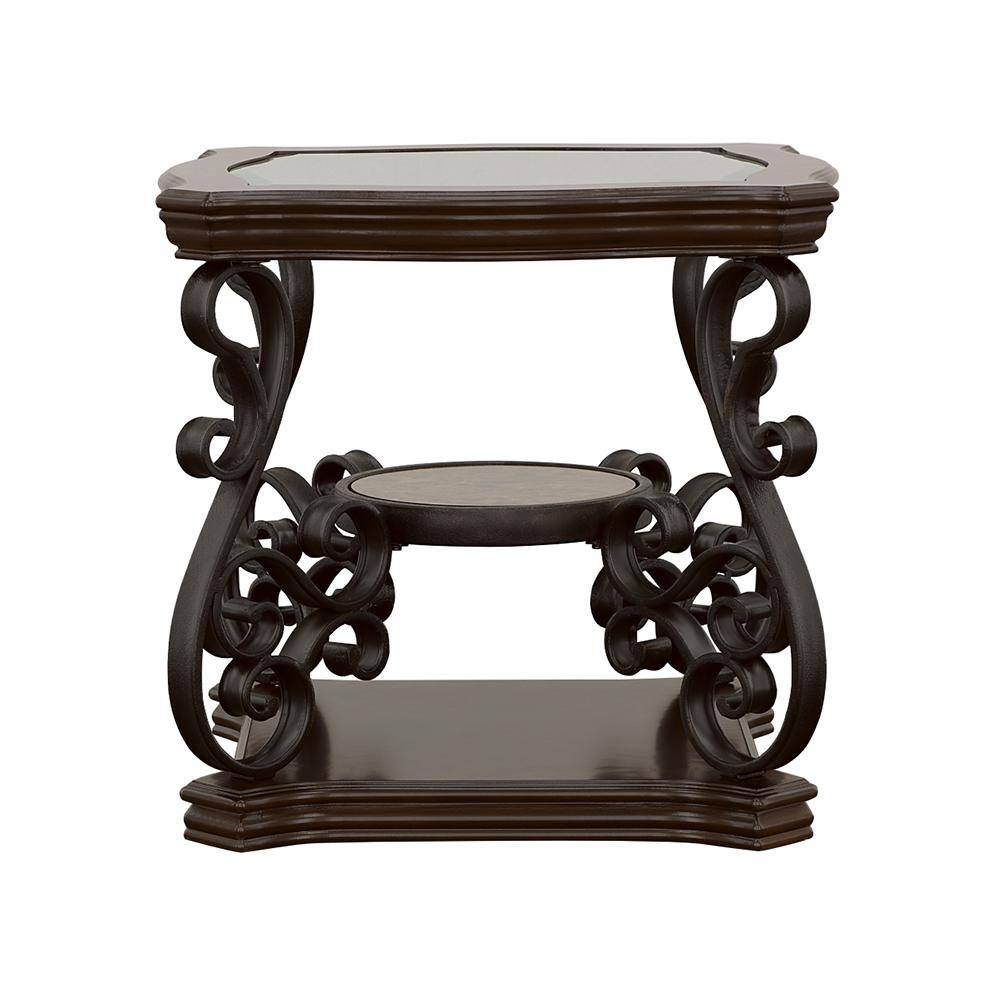 Elegance Merlot 26" Square Wood and Metal End Table with Glass Top