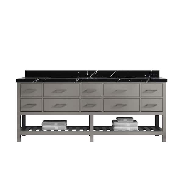 Willow Collections Parker 84 in. Double Sink Freestanding White Bath Vanity with Regular Calacatta Black Qt. Top Unassembled