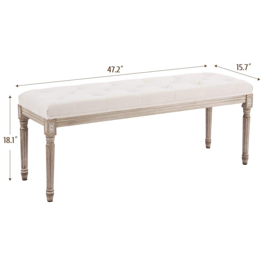 Beige French Vintage Upholstered Bench with Carved Wood Frame