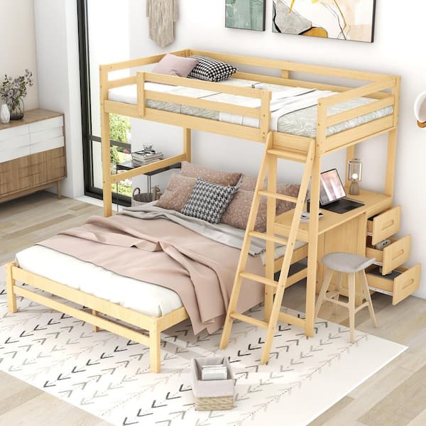 Harper & Bright Designs Natural Twin over Full Wooden Bunk Bed with Built-in Desk, 3 Drawers and Ladder