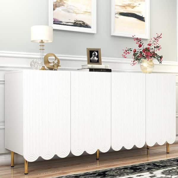 aisword 63 in. Wide Sideboard Buffet Cabinet, Fluted Accent Cabinet with 4-Doors, Storage Cabinet with Adjustable Shelf - White