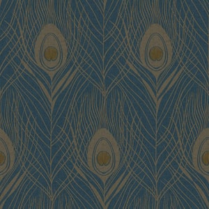 Absolutely Chic Metallic Blue/Yellow Vinyl Non-Woven Non-Pasted Peacock Feather Metallic Wallpaper (Covers 57.75 sq.ft.)