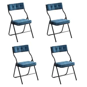 Modern Steel Frame Folding Chairs Stackable Dining Chairs with Blue Velvet Seats (Set of 4)