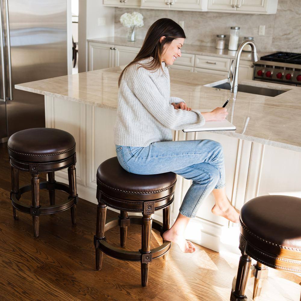 Dark Walnut Backless Swivel Counter Stool with Leather Seat