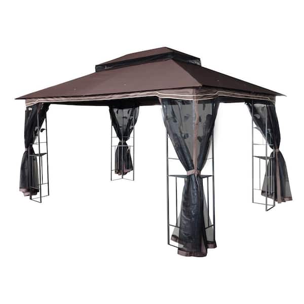 Tidoin 13 ft. x 10 ft. Brown Gazebo Tent Canopy with Removable Zipper Netting and 2-Tier Top