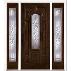 63.5 in. x 81.625 in. Lakewood Zinc Stained Chestnut Mahogany Right-Hand Fiberglass Prehung Front Door with Sidelites