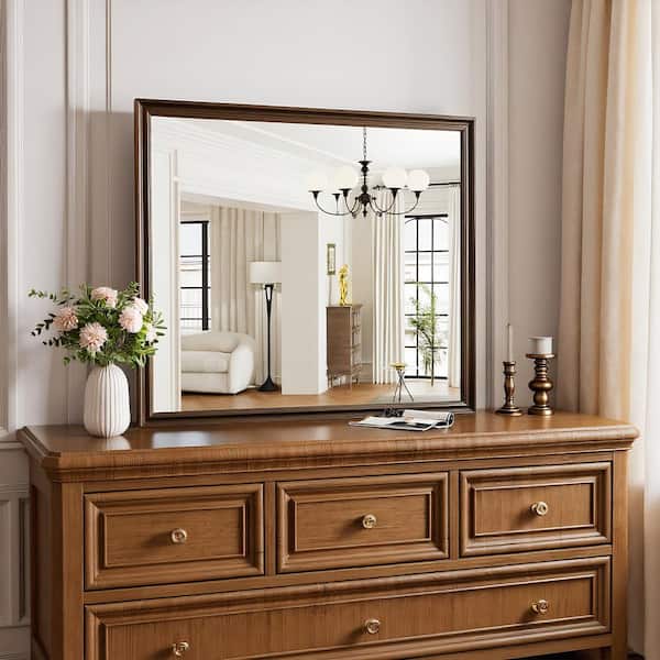 36 in W x 30 in. H Rectangle Wood Retro Brown Framed Wall Mirror Vanity Mirror