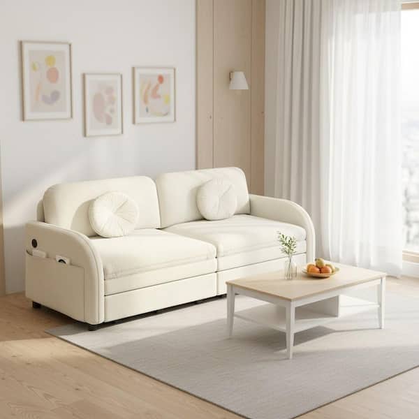YONOQ 65.4 in. Cream White Modern 3-in-1 Convertible Chenille Queen Size Sofa Bed with USB Port and Storage Pockets
