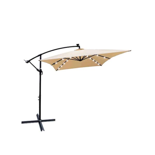 Sudzendf 10 ft. x 6.5 ft. Aluminum Solar Powered LED Market Patio Umbrella in Tan with Crank and Cross Base