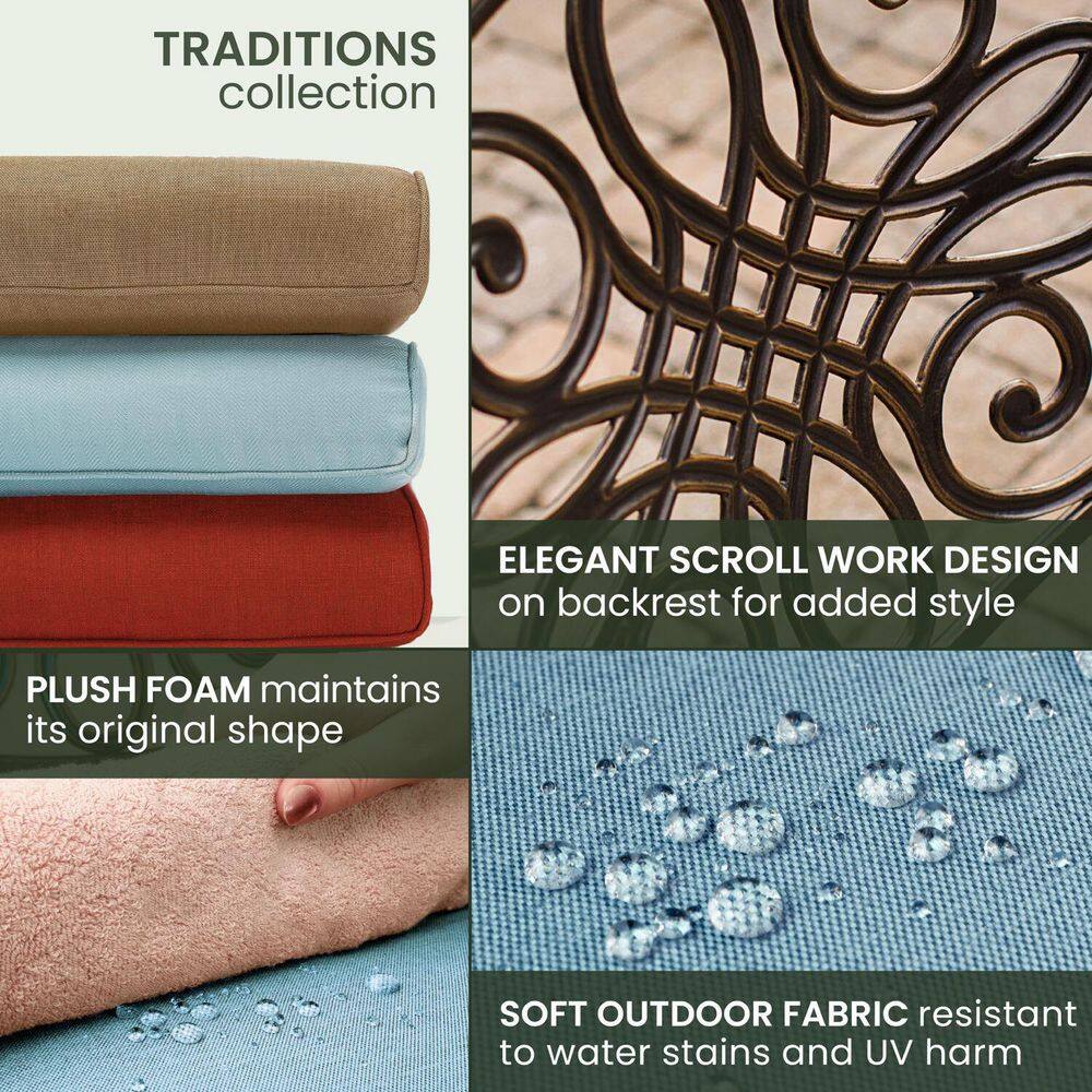 Close-up of outdoor fabric swatches in tan, blue, and red.