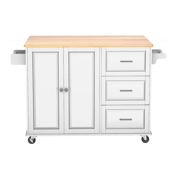 HwoamneT White Oak Wood 43.7 in. Kitchen Island with Drawers and Towel Rack