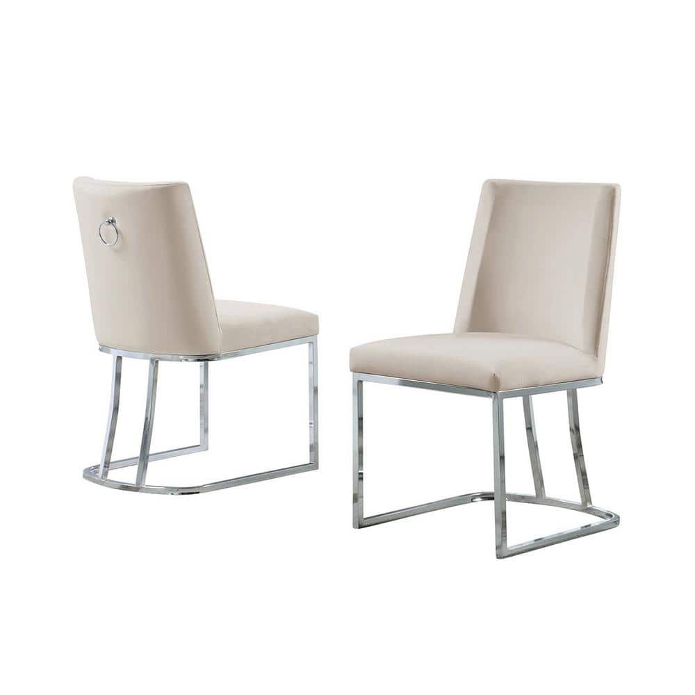 Beige Velvet Upholstered Metal Frame Side Chair Set