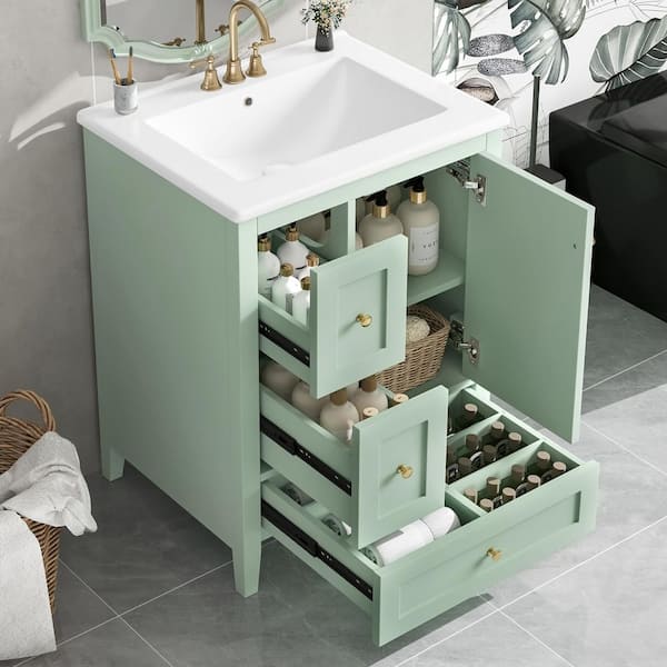 24 in. Single Sink Freestanding Green Bath Vanity with White Ceramic Top, 3-Drawers, Adjustable Shelf