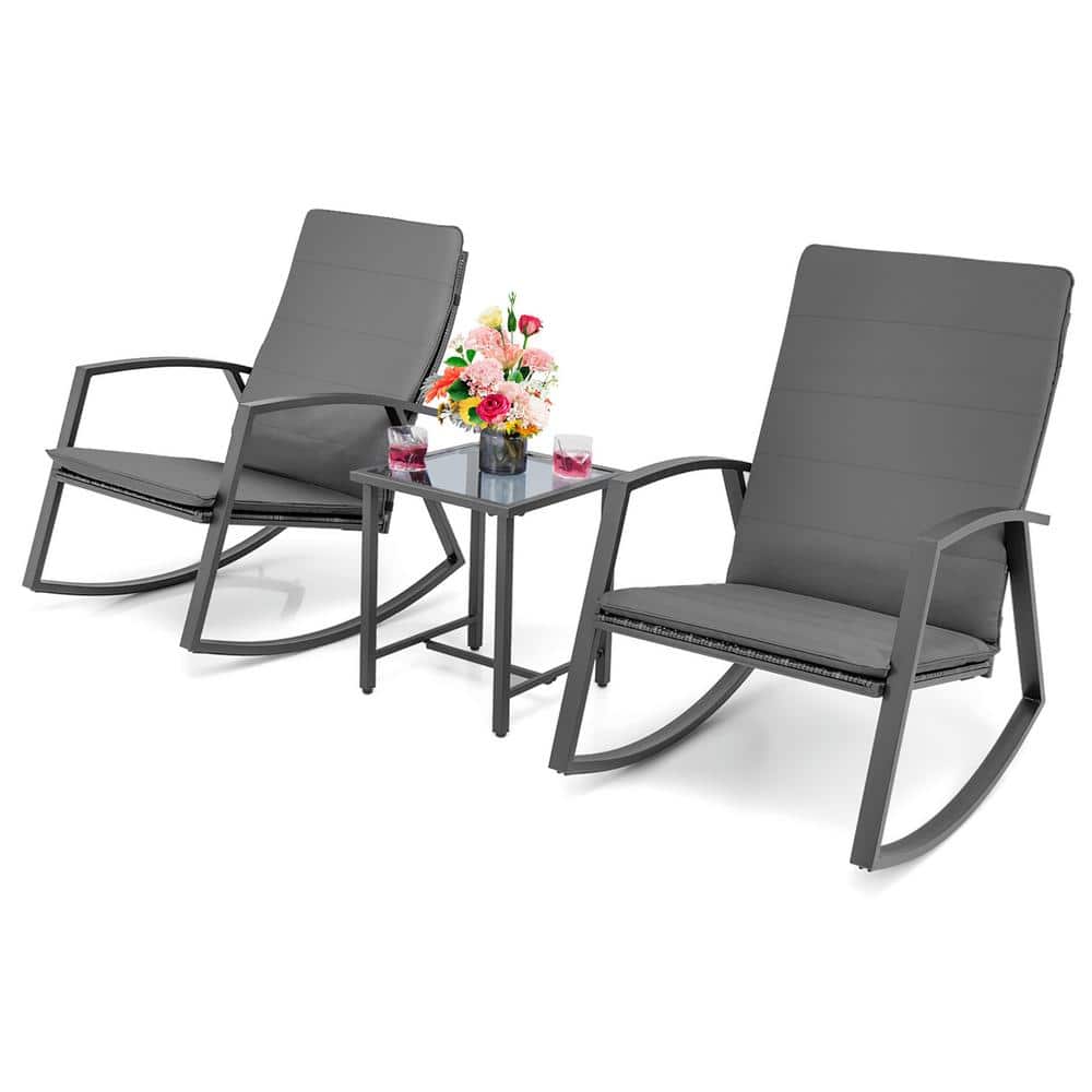 Gymax 3-Piece Rattan Bistro Rocking Chair Set Patio Furniture Set w/Gray Cushions