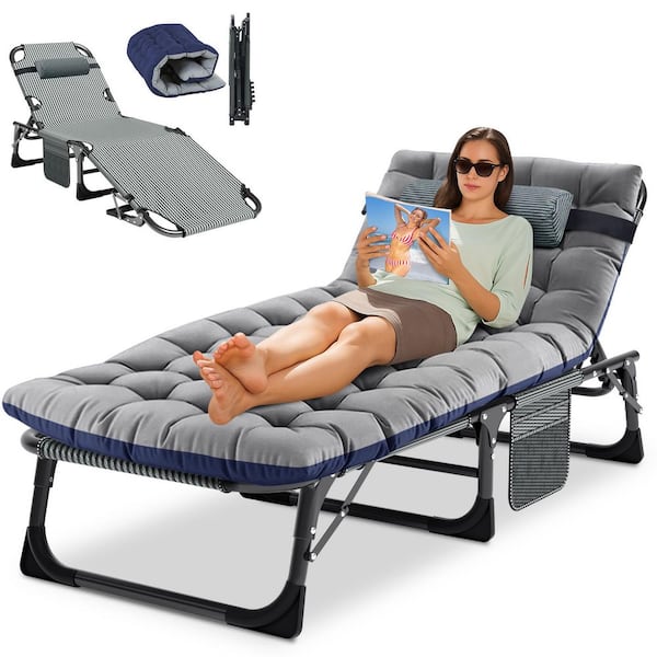 BOZTIY Folding Camping Cot Portable Outdoor Chaise Lounge Chair w/ Mat Double Layer 1200D 500 lbs. Steel Cot, Navy Blue