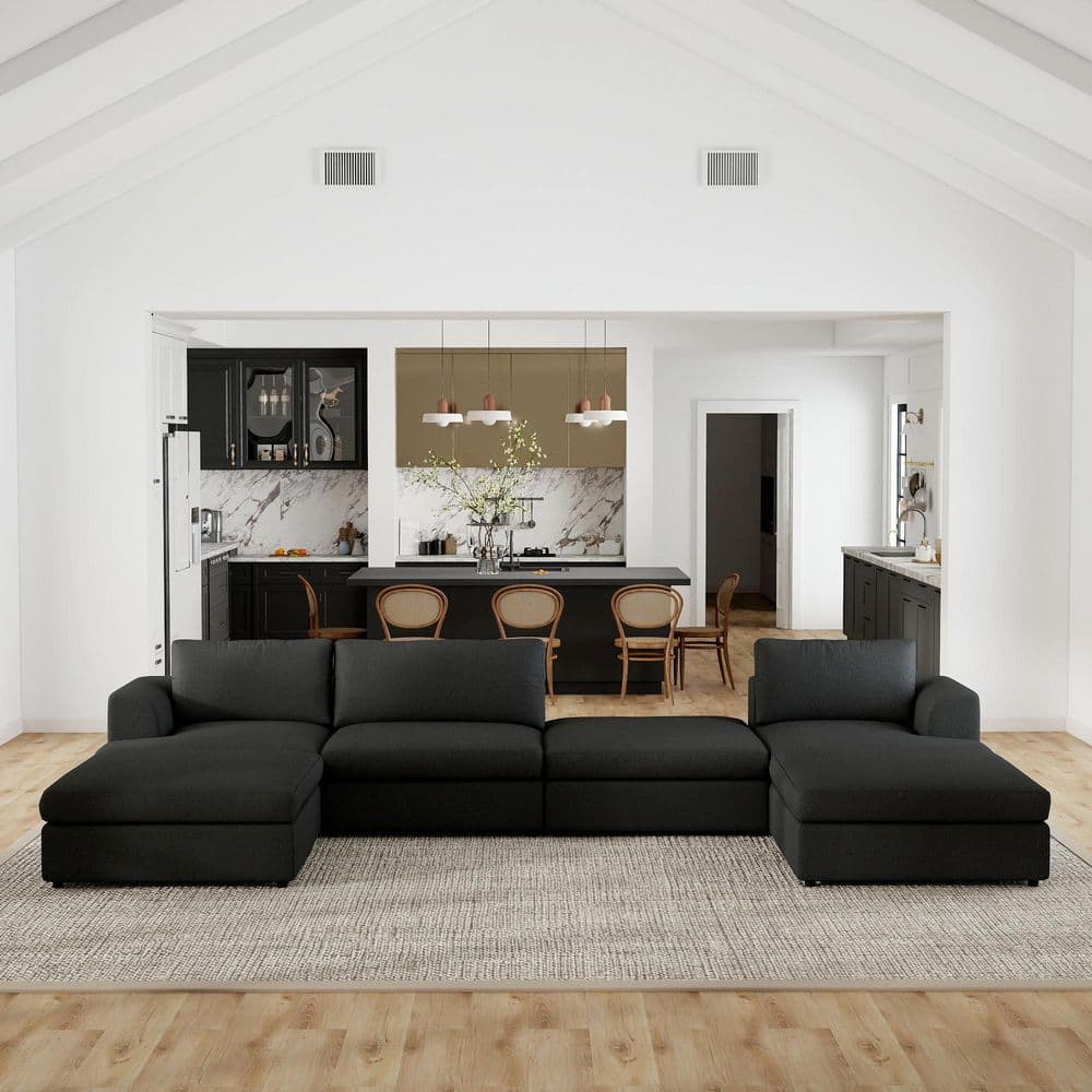 Boucle 158 in. Flared Arm 6-piece Fabric Modular Sectional Sofa Set with 3 Ottomans, Removable Washable Cover in Black