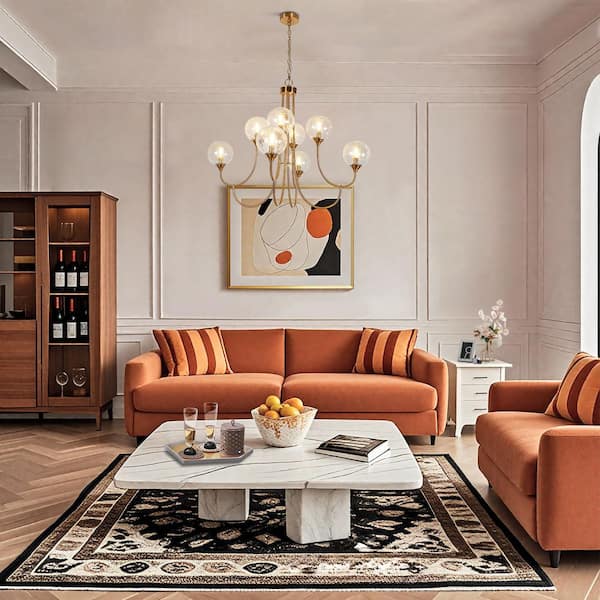 36.6 in. Modern Chandelier Brass 8-Light Candlestick Tiered Living Room High Ceiling Light with Cracked Glass Globe