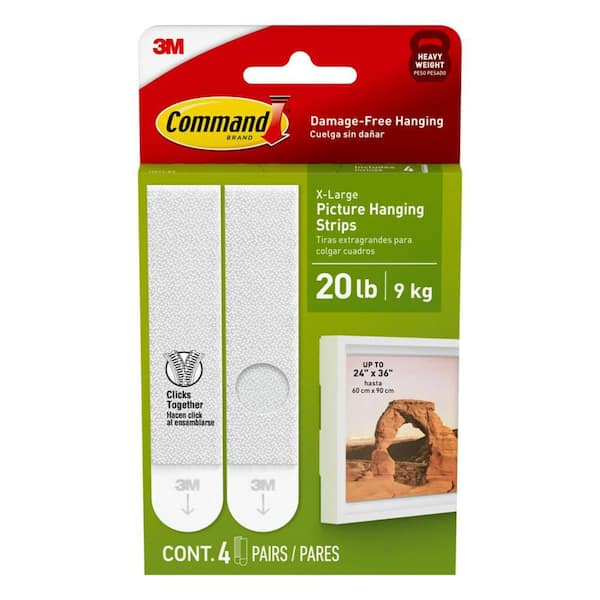 20 Lb XL Heavyweight Picture Hanging Strips, White, Damage Free Decorating, 4 Pair