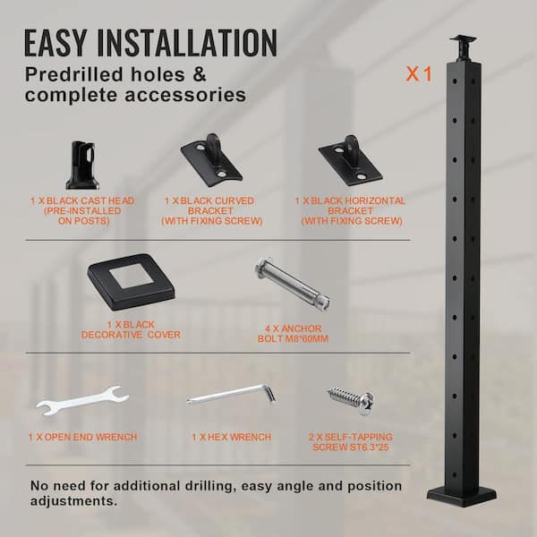 VEVOR Cable Railing Post 36 in. L x 2 in. W x 2 in. H Steel L-Shaped Hole Corner Railing Post SUS304 Stainless Steel Rail Post
