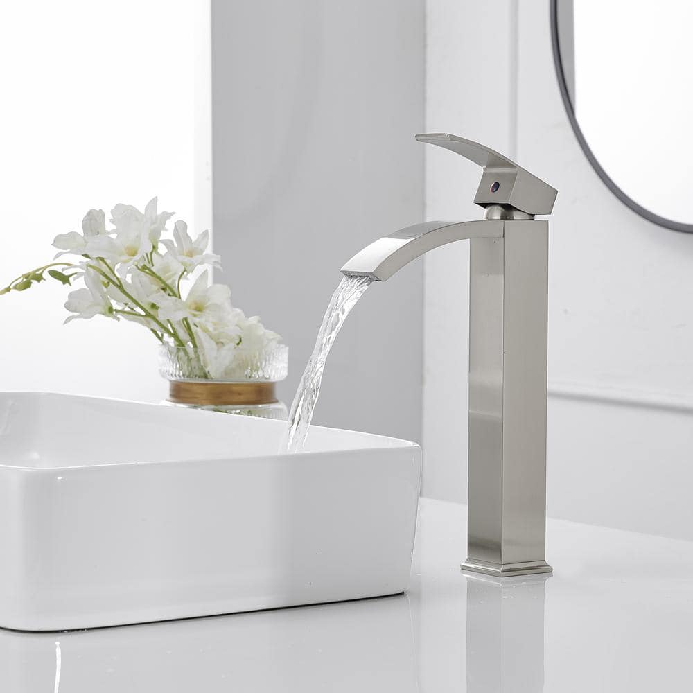 Brushed Nickel Waterfall Vessel Sink Faucet with Pop-Up Drain