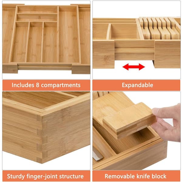 Bamboo Drawer Organizer with Removable Knife Block for Silverware, Utensils, Flatware, Tableware in Kitchen, Natural