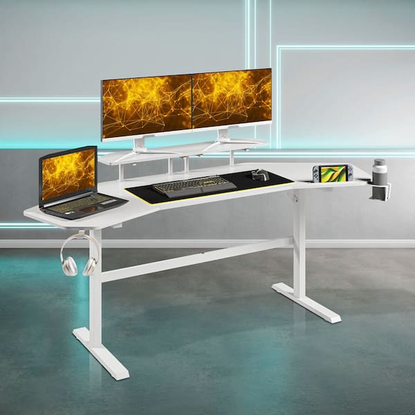 70.5 in Rectangular White Carbon Fiber Like Desk with Shelves and Tablet Holder