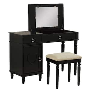 Seraph Black Wooden Vanity Set Featuring Stool and Mirror