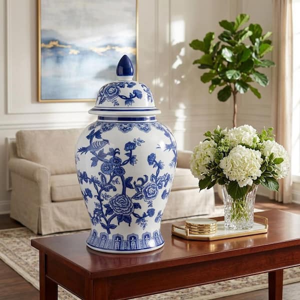 Liv & Skye 18 in. White and Blue Chinoiserie Floral Temple Jar