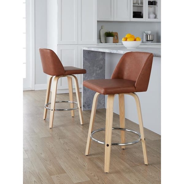 Lumisource Avignon 25 in. Dark Gray Metal Swivel Counter Height Chair with Brown Faux Leather Seat (Set of 2)