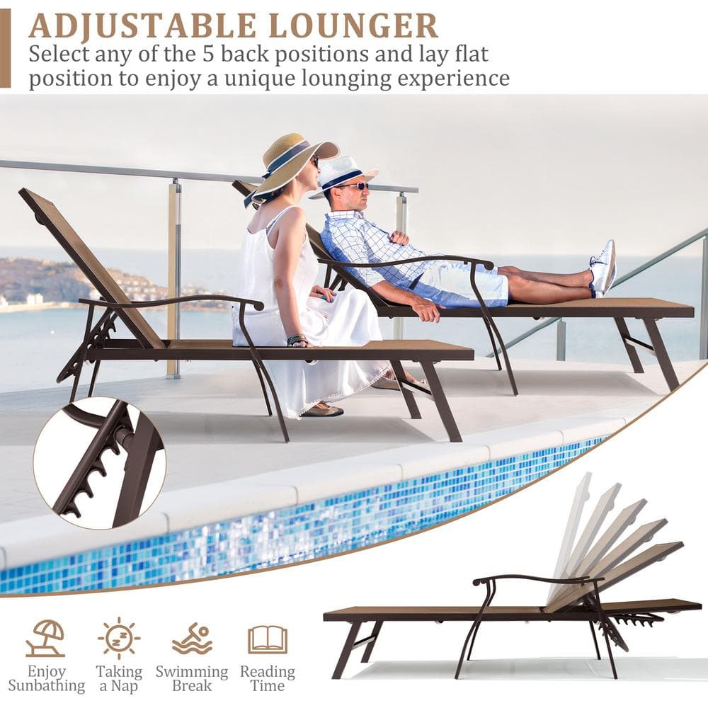 Elegant Brown Aluminum Adjustable Outdoor Chaise Lounge with Curved Armrests