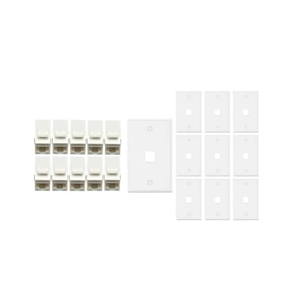 10-Pack 1-Gang White Keystone Plastic Wall Plate 1-Port & 10 Cat 6A RJ45 Keystone Inline Couplers White
