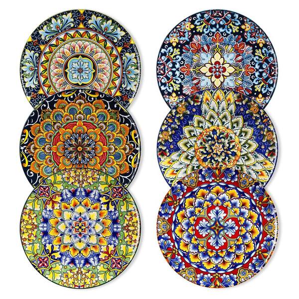 Set of 6 Ceramic Salad Plates 8.5 in with Colorful Bohemian Style Designs for Everyday and Special Meals