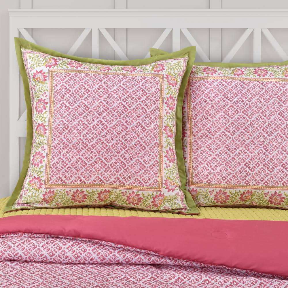 Floral Pink and Green Polyester Euro Sham