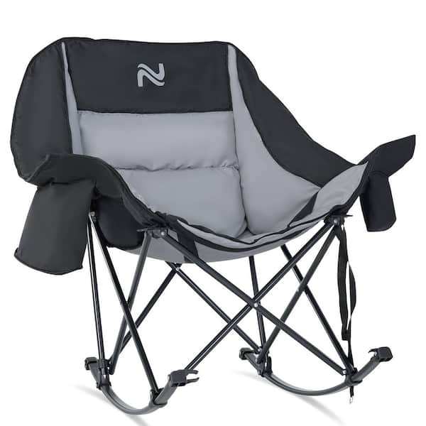 Oversized Rocking Camping Chair Metal Portable Foldable Outdoor Rocking Chair for Camping, Black and Gray