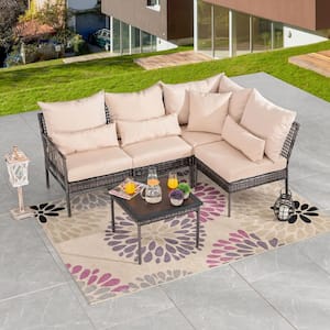 5-Piece Wicker Outdoor Conversation Set with Beige Cushions