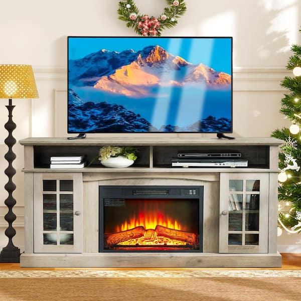 58 in. Freestanding Electric Fireplace TV Stant Entertainment Console with 23" Fireplace Insert for TV Up to 65 in. Gray