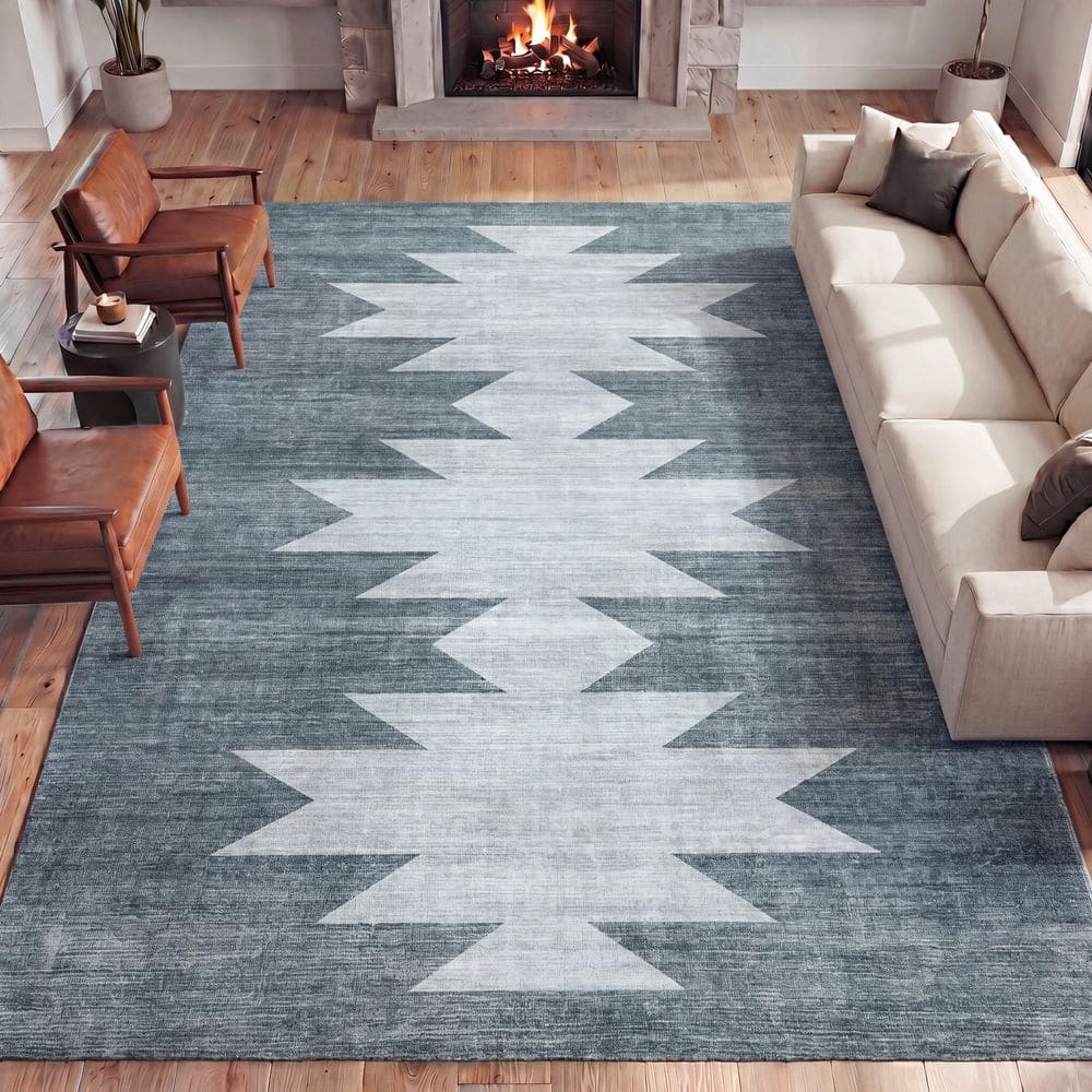 Peyton Minimalist Geometric Totem Non-Slip Machine-Washable Blue Gray/Cream 9 ft. x 12 ft. Area Rug price history on PriceWatchPro