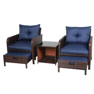 5-Piece Wicker Lounge Chair Outdoor Rattan Patio Conversation Set with Ottoman and Blue Soft Cushions