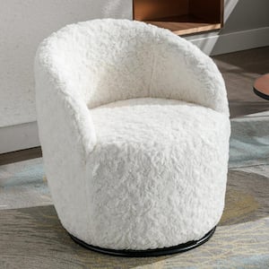 Teddy White Fabric Swivel Accent Arm Chair Barrel Chair with Black Powder Coating Metal Ring