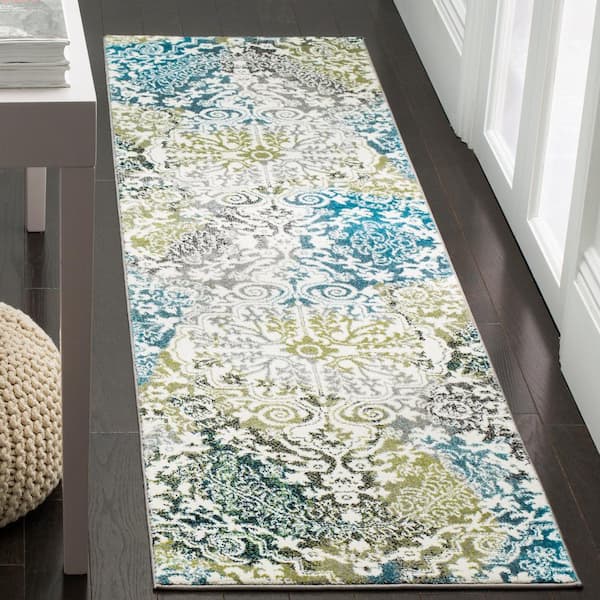 Watercolor 2 ft. x 16 ft. Ivory/Peacock Blue Bohemian Floral Runner Rug