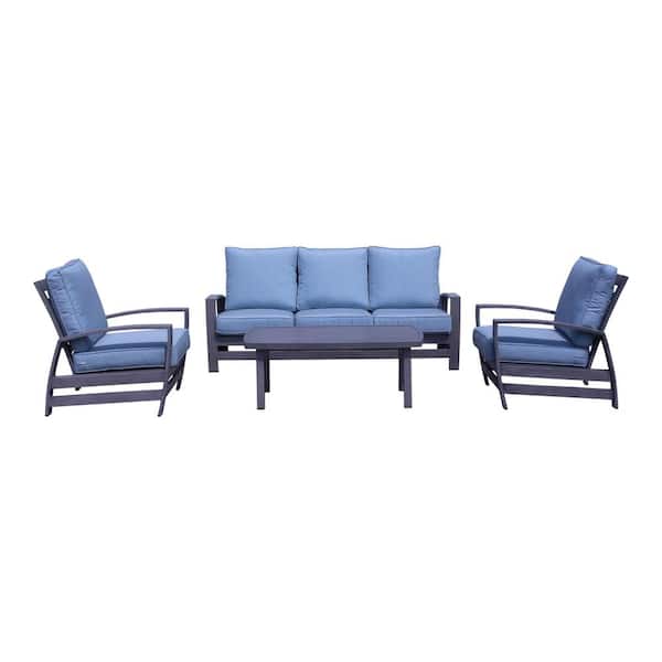 Courtyard Casual Cabo 4-Piece Sofa Aluminum Coffee Table Set with 1 Sofa, 1 Coffee Table and 2 Club Chairs with Sunbrella Blue Cushions