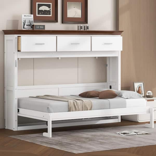 Sorrowful White+Brown Wood Frame Twin Size Murphy Bed with 3 Drawer