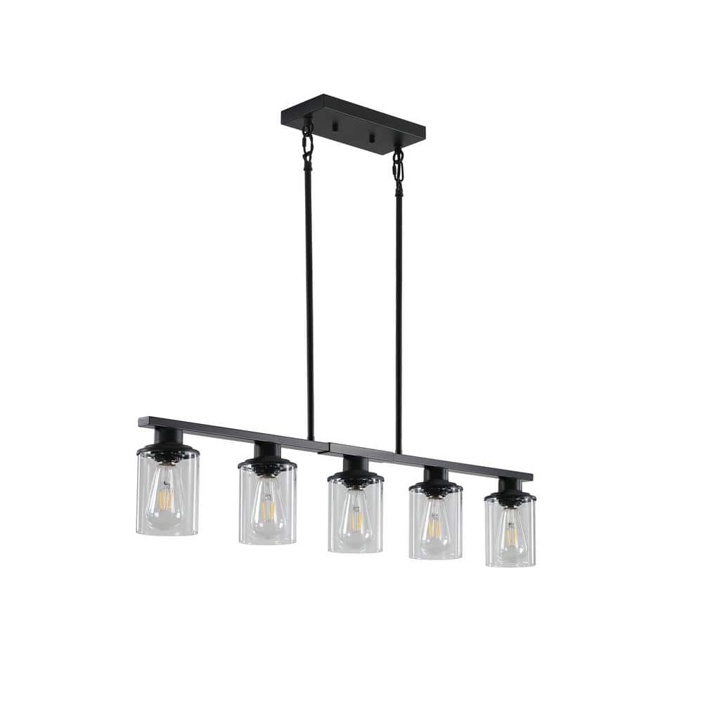 5-Light Chandelier with Clear Glass Shades, Matte Black Metal Frame Hanging