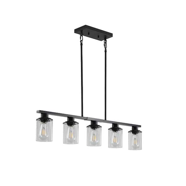 5-Light Black Chandelier with Clear Glass Shades, Matte Black Metal Frame Hanging Ceiling Light Fixture (No Bulbs)