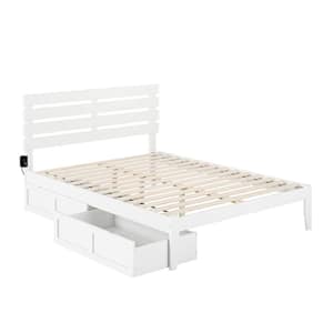 Oxford White Queen Solid Wood Storage Platform Bed with USB Turbo Charger and 2 Extra Long Drawers
