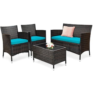 4-Piece Patio Rattan Conversation Set Outdoor Wicker Furniture Set with Tempered Glass in Blue Cushion