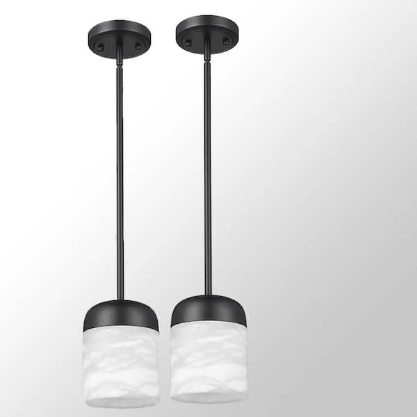 Alabaster Series 60-Watt 1 Light Black Mini Pendant Light with Cylinder Marble Shade, No Bulbs Included 2PK