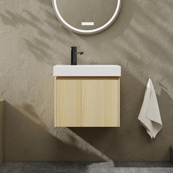 24 in. W Single Sink Wall Mounted Bath Vanity in Oak with White Cultured Marble Top
