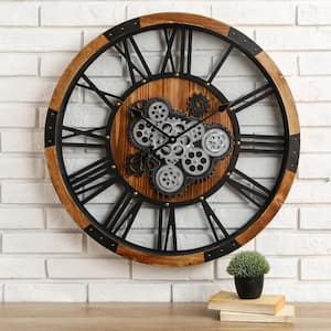 26.77 in. D Industrial Wooden/Metal Round Gear Wall Clock